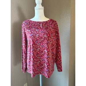 Blair Womens Large Burgundy Paisley Pintuck Long Sleeve Boat Neck Top
